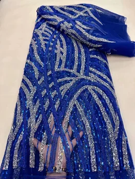 Королевская Кружевная Ткань blueFrance Высокого Класса Ручной Работы, Вышитая Бисером, Нигерийская Вышивка 3D Бисером, Блестки, Сетчатая Кружевная Ткань Для Свадебного Платья