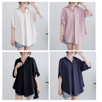 Шифоновая рубашка в Европе и Соединенных Штатах, женская летняя рубашка Han Edition, Свободная, скрывающая живот, тонкая талия, темпераментная рубашка