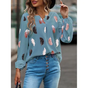Шифоновая блузка с модным принтом Для женщин, повседневные топы с длинными рукавами, женские рубашки с V-образным вырезом, Винтажные Элегантные пуловеры 5XL, Рубашки 24856
