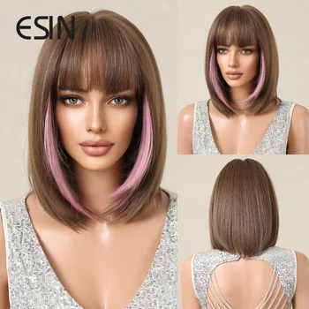 ESIN Синтетический Прямой коричнево-розовый парик средней длины, смешанный с челкой, Парики-Бобы для женщин, термостойкие, натуральные, для ежедневного использования
