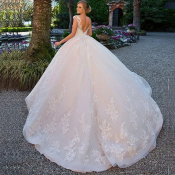 Элегантное Бальное платье Принцессы с V-образным вырезом, Тюлевое свадебное платье, Кепка, Кружевное платье Невесты с аппликацией, Свадебное платье Robe De Mariee