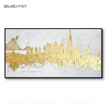 Отличный художник, ручная роспись, высококачественная абстрактная современная городская картина маслом на холсте, золотая фольга, Картина маслом в Нью-Йорке