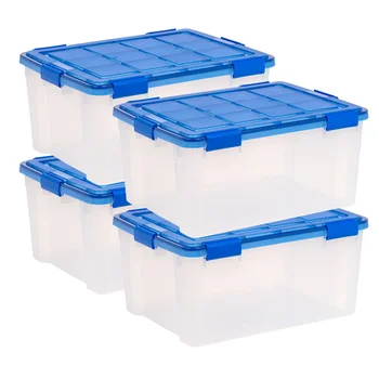 Прокладка WeatherPro ™ на 60 литров, прозрачный пластиковый ящик для хранения с крышкой, синий, набор из 4 штук
