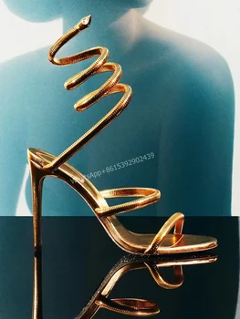 Женские Сексуальные Босоножки на шпильке с круглым носком, с золотыми змеиными извивами и Кристаллами, Элегантные Босоножки с ремешком на спине, Роскошная дизайнерская обувь с блестками