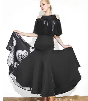 черная бальная юбка Танго боди купальник для танцев вальс фокстрот Квик степ Танцевальное платье Для Практики с длинным рукавом 891