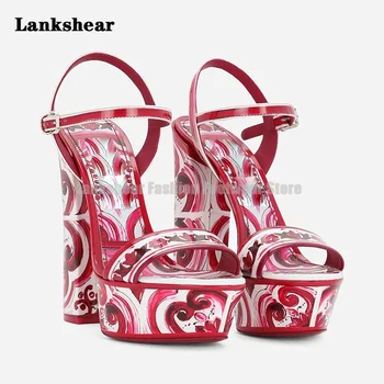 Напечатанные красным цветом платформе супер высокий каблук сандалии лодыжки ремень с пряжкой квадратный каблук Женская обувь 14 см с открытым носком высокие каблуки вечерние туфли