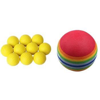 10шт Желтый Тренировочный мяч для гольфа из искусственной кожи в помещении и 50шт тренировочные средства для качелей для гольфа, Губчатая пена, радужные шарики