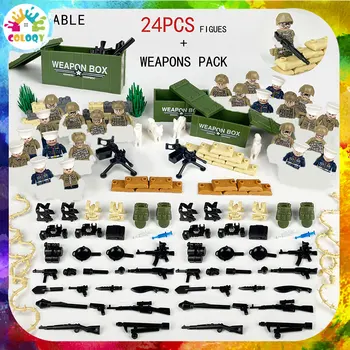 Детские игрушечные строительные блоки, фигурки военных солдат Второй мировой войны в паре с аксессуарами для оружия для сцен войны на поле боя
