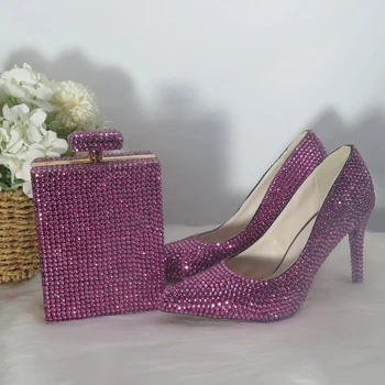 Фиолетовые женские модельные туфли с сумкой и кристаллами, женские вечерние туфли на высоком каблуке с острым носком, Женская свадебная сумочка на тонком каблуке для Невесты