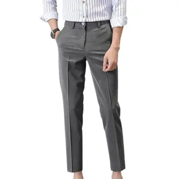 Популярные деловые брюки с фирменной строчкой, повседневные брюки для костюма с прямым рисунком, застегивающиеся на молнию