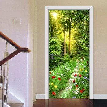 Зеленый Лесной Растительный Пейзаж, Дверная Наклейка, Гостиная, Кухня, Водонепроницаемые ПВХ Обои, Домашний Декор, Плакат, 3D Дверные наклейки на стену