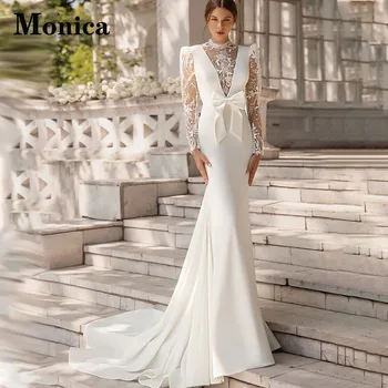 MONICA Modern, Свадебные платья с высоким воротом, 2023, Бант Невесты, Длинный рукав, Шлейф в виде Русалки, Аппликации на пуговицах, Vestido De Casamento