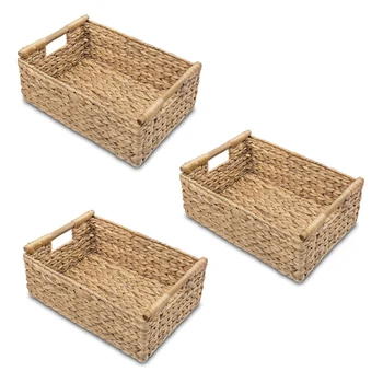 3X Маленькие плетеные корзины для организации ванной комнаты, Гиацинтовые корзины для хранения, Плетеная корзина для хранения с деревянной ручкой