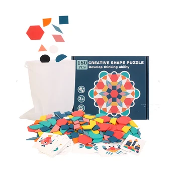 Новая красочная головоломка для раннего образования Строительный блок Разнообразные геометрические формы Забавный Танграм Деревянная доска для творчества 180 штук