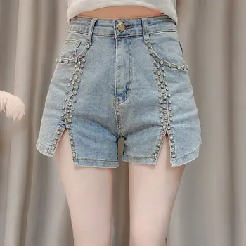 Джинсовые шорты, женские Летние 2023, Новая корейская версия, Тяжелая промышленность, бусины для ногтей, инкрустированные бриллиантами, Тонкие и универсальные Горячие брюки с разрезом
