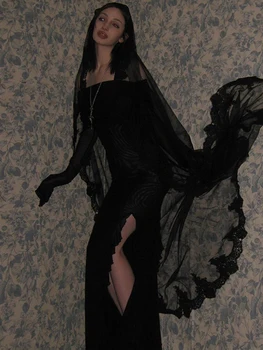 Сетчатое облегающее платье с открытыми плечами в готическом стиле в стиле ретро, Сексуальные Прозрачные Кружевные коктейльные платья Трапециевидной формы с разрезом Макси и длинным рукавом