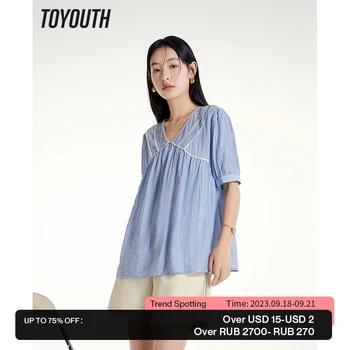 Женская блузка Toyouth 2023, летние свободные рубашки с коротким рукавом и V-образным вырезом, Кружевная строчка, плиссированный дизайн, Элегантные синие топы