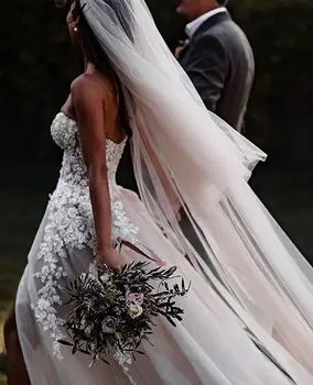 Прозрачные кружевные свадебные платья с аппликацией в виде 3D цветов, Свадебные платья в стиле Бохо, Тюль без бретелек, Разрезной, темно-серый, Серебристый, Пляжные кристаллы