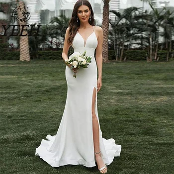 YEEH Свадебное платье Русалки с V-образным вырезом для невесты, Платье со Шлейфом и высоким разрезом, Шифоновое платье с перекрестной низкой спинкой, Vestidos De Noiva