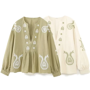 Elmsk Богемная Блузка с вышивкой в стиле ретро, Модная Женская Свободная Повседневная Рубашка для отдыха, Хлопковый топ Для женщин