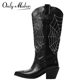 Onlymaker/ Женские черные ковбойские сапоги с острым носком и вышивкой в виде паутины, Модные женские ботинки ручной работы до середины икры