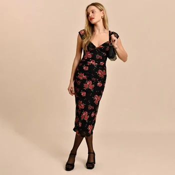 Винтажное платье-слинг с цветочным принтом Розы, V-образный вырез, короткий рукав, Женское сексуальное облегающее платье в стиле хип-хоп, новинка 2023