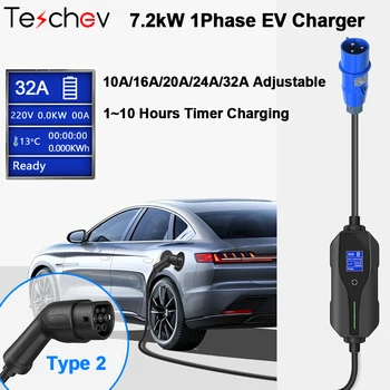 Зарядное устройство Teschev 7.2kW EV 32A Type 2 Для Электромобилей Мобильный Зарядный кабель CEE Blue Plug 5 Метров Для Электромобилей IEC 62196-2