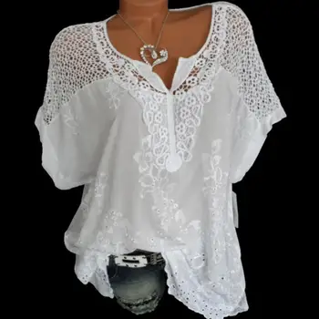 2021 Летние Женские Блузки и топы с коротким рукавом, Свободная Белая Кружевная Рубашка в стиле пэчворк, Большие Размеры 4xl 5xl 6xl, женские топы, Повседневная одежда