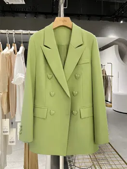 Зеленый повседневный корейский пиджак для женщин, новинка 2023, весна-осень, высококачественный дизайнерский костюм с пряжкой в виде сердца, офисный женский блейзер