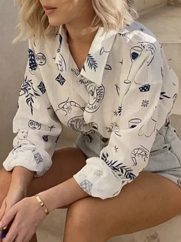 Летняя Женская однобортная рубашка с лацканами белого цвета с принтом и длинными рукавами с измененным рисунком спереди и сзади