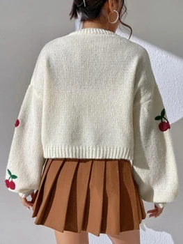 MALCIKLO/ Женский Свободный свитер с открытой передней частью, кардиган, вишневый свитер с вышивкой-фонариком, укороченный свитер с длинным рукавом, куртка