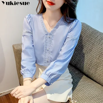 Новая корейская мода Harajuku, Женская кружевная вставка с V-образным вырезом, полая, Весна-лето, длинный рукав, однотонная эстетическая рубашка