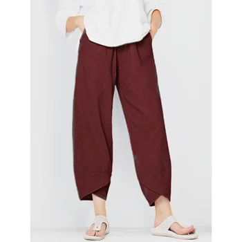 Женские брюки большого размера из хлопка и льна, свободные, удобные, с эластичным поясом и повседневным карманом в стиле ретро. Широкие брюки