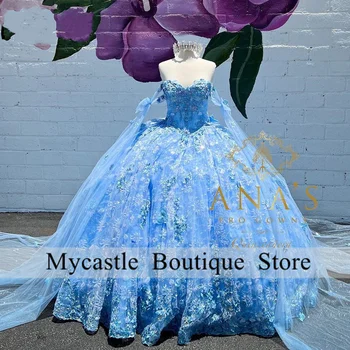 Блестящее Небесно-Голубое Бальное Платье Принцессы, Пышные Платья 2023, Аппликации, Расшитое Бисером, Милое 16 Платье Vestidos De 15 Años