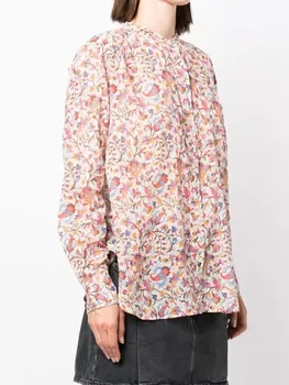 Женская блузка с длинным рукавом и цветочным принтом, Однобортная женская рубашка в стиле ретро с воротником-стойкой, осень 2023