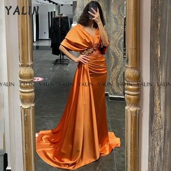 YALIN Оранжевое платье для выпускного вечера, Саудовская Аравия, Атлас Русалки, женское Платье с V-образным вырезом, вечерние платья длиной до пола, короткий рукав, праздничное платье