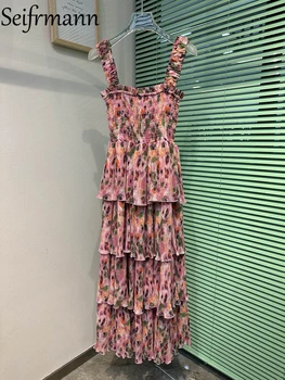 Seifrmann Высококачественное Летнее женское Модное Дизайнерское платье-торт, Сексуальные Длинные платья с эластичной грудью на Бретельках и многоцветным принтом