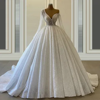 Роскошное бальное платье с пышным Длинным рукавом, Тюль, Кружевные аппликации, цветы, Хрустальный жемчуг, свадебные платья, индивидуальный размер MK04