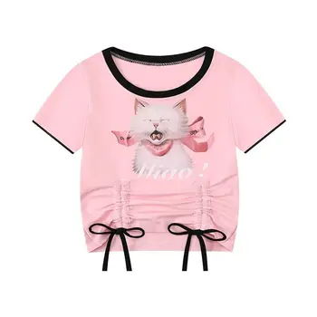 Винтажная футболка Y2k, Забавная Белая футболка с графическим принтом, Футболки в стиле хип-хоп, Harajuku, Летние Топы с коротким рукавом для девочек, Kawaii, Розовый Укороченный Топ