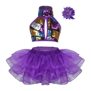 Детский танцевальный костюм для девочек, Укороченный топ с блестящими пайетками, юбка-пачка и заколка для волос, комплект для балета, джазовых танцев на сцене