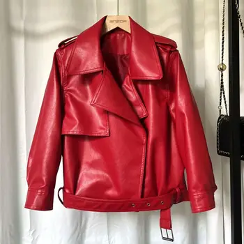 Кожаная куртка Женская 2023, Весна и осень, Новое Короткое мотоциклетное пальто Для отдыха, красный