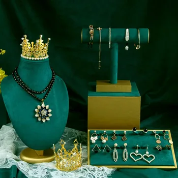 Новый комплект из зеленой бархатной матовой кожи Ожерелье, браслет, кольцо для прилавка, Ювелирный набор, Держатель для сережек, Подставка для украшений