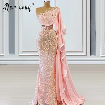 Дубайское Розовое Вечернее Платье с Кружевной Аппликацией на одно плечо и Длинным рукавом 