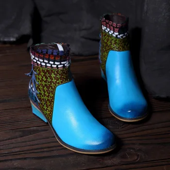 Винтажные ботильоны с принтом в виде сплайсинга, женская обувь, женская обувь из натуральной кожи на молнии, женские ботинки на высоком квадратном каблуке 4-6 см