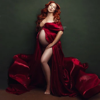 Мягкие атласные бордовые халаты для беременных для фотосъемки, платья для беременных Трапециевидной формы, сексуальные платья для душа с разрезом спереди
