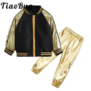 Детская одежда для танцев в стиле хип-хоп Для мальчиков и девочек, металлическая куртка в стиле пэчворк с длинными рукавами и буквенным принтом, верхняя одежда с блестящими штанами, спортивные штаны