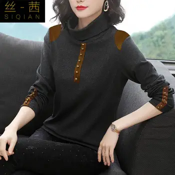 Новый тонкий и универсальный вязаный женский топ Ранней Осени с высоким воротом, Легкая зрелая корейская футболка с длинным рукавом для женщин