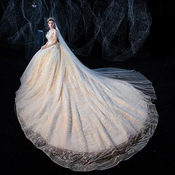 Vestido De Noiva Роскошное Свадебное платье с блестками цвета Шампанского 2022, Благородное Свадебное платье без бретелек Большого размера со шлейфом, Свадебное платье