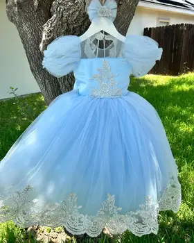 Синие платья в цветочек для девочек на свадьбу, детские платья с аппликацией на День рождения, многоуровневые детские платья для фотосъемки маленьких девочек с бантом