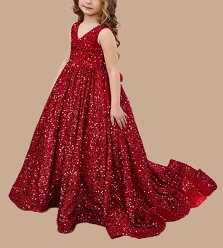 Праздничные платья Принцессы с блестками для девочек, Трапециевидное платье с цветочным узором для девочек, Рождественские детские платья с оборками для выпускного вечера, Красная ковровая дорожка